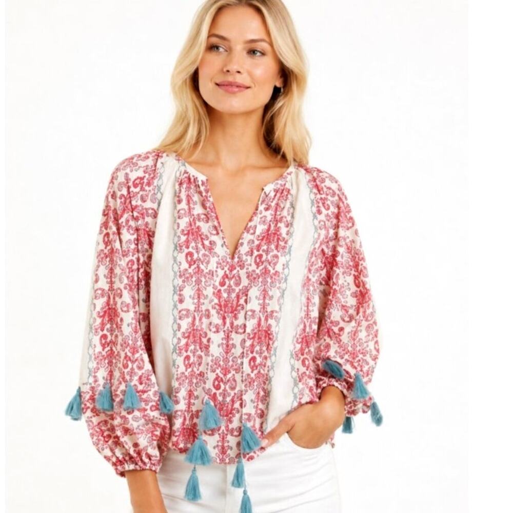 Sachin & Babi Celia Top Womens Medium Tassels Balloon Sleeves Boho Cotton Blouse